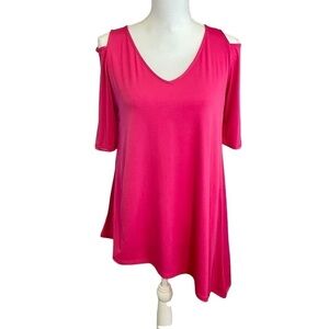 Astoria Born Bright Pink Cold Shoulder Slinky Top with Asymmetrical Hem. Med